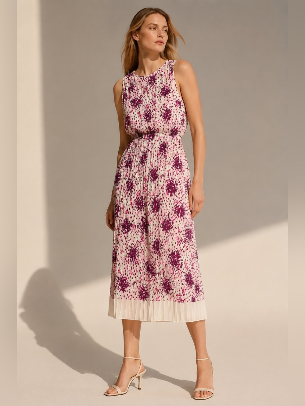 BOSS Hugo Boss Pleated Floral Sleeveless Midi Dress XS Pink Purple